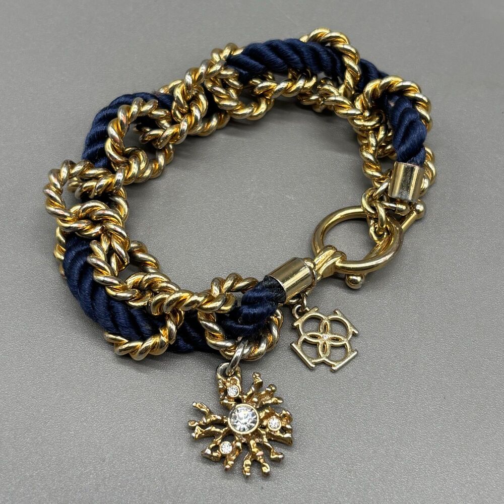 Ann Taylor Chain Link Twist Cord Bracelet Gold Tone Navy Blue Nautical Charm